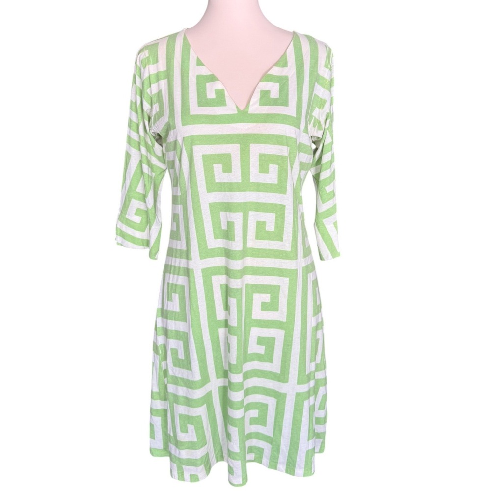 Before + Again Green White Greek Key Geometric V-Neck 3/4 Sleeve Dress‎ Medium